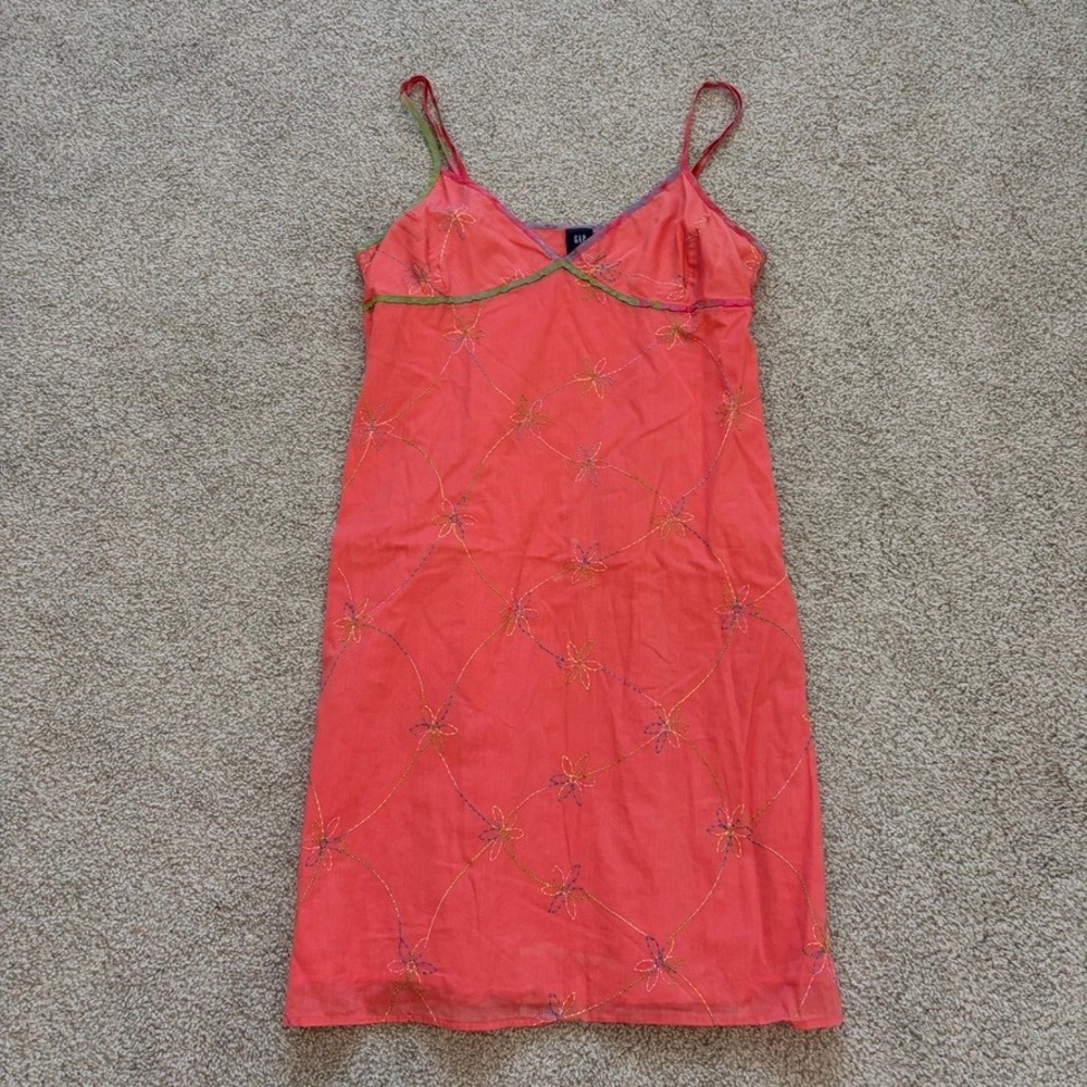 Vintage GAP Babydoll Dress Womens 8 Pink Y2K Embroidered Cotton Summer